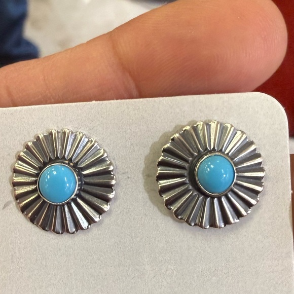 Sterling Silver & Turquoise Navajo Concho Stud Earrings - Picture 3 of 5